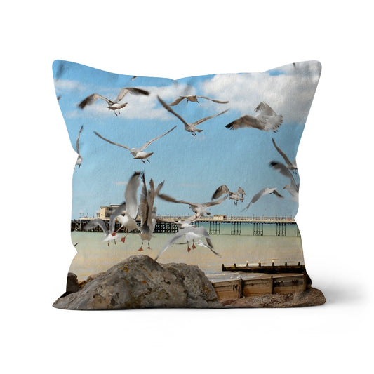 Seagulls At Feeding Time By David Sawyer Cushion