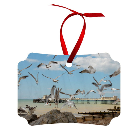 Seagulls At Feeding Time By David Sawyer Wood Ornament